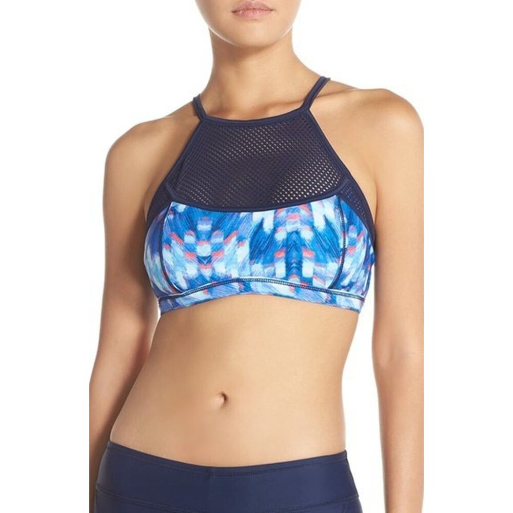 Zella NWT Mesh Inset Blue Printed Bikini Top Size Small Modest Full Coverage